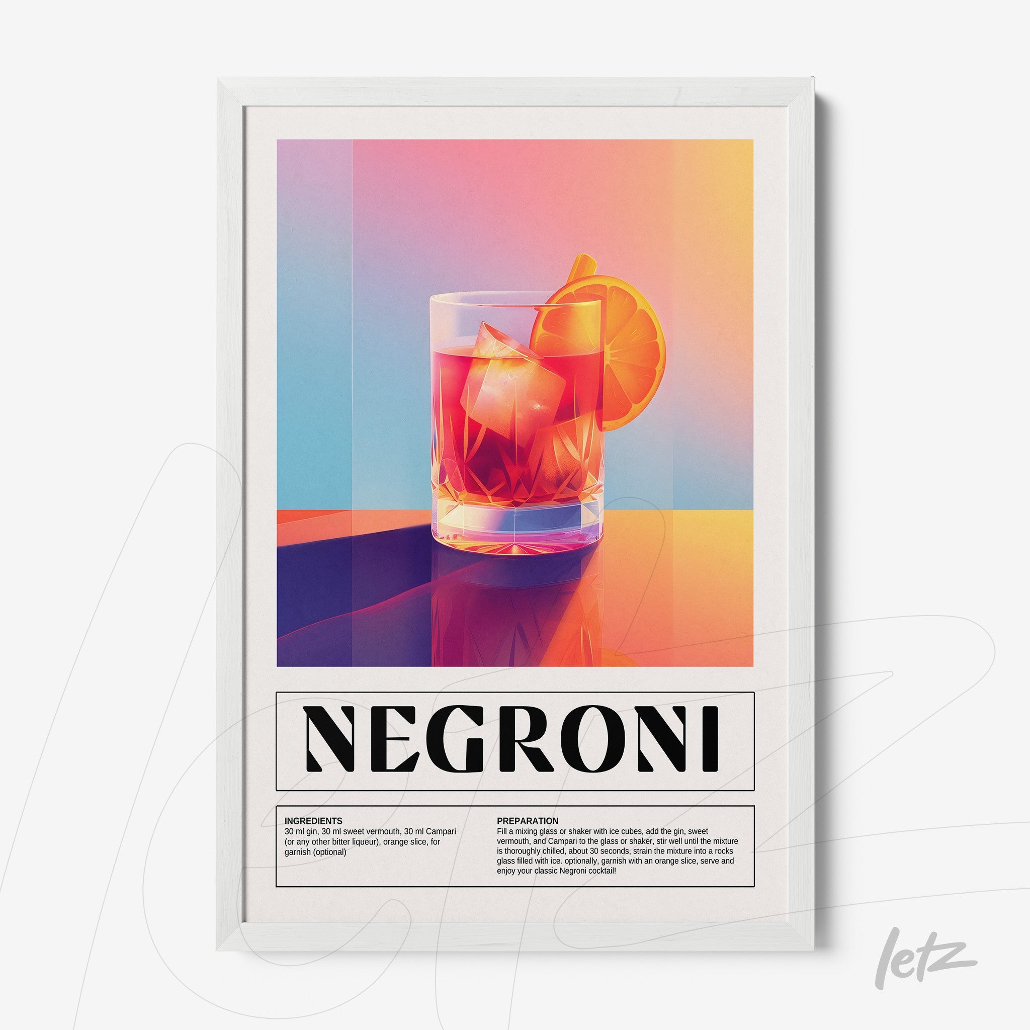 quadro com arte digital vibrante de drink negroni em moldura branca
