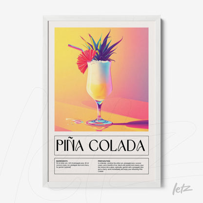 quadro com arte colorida de drink piña colada em moldura branca