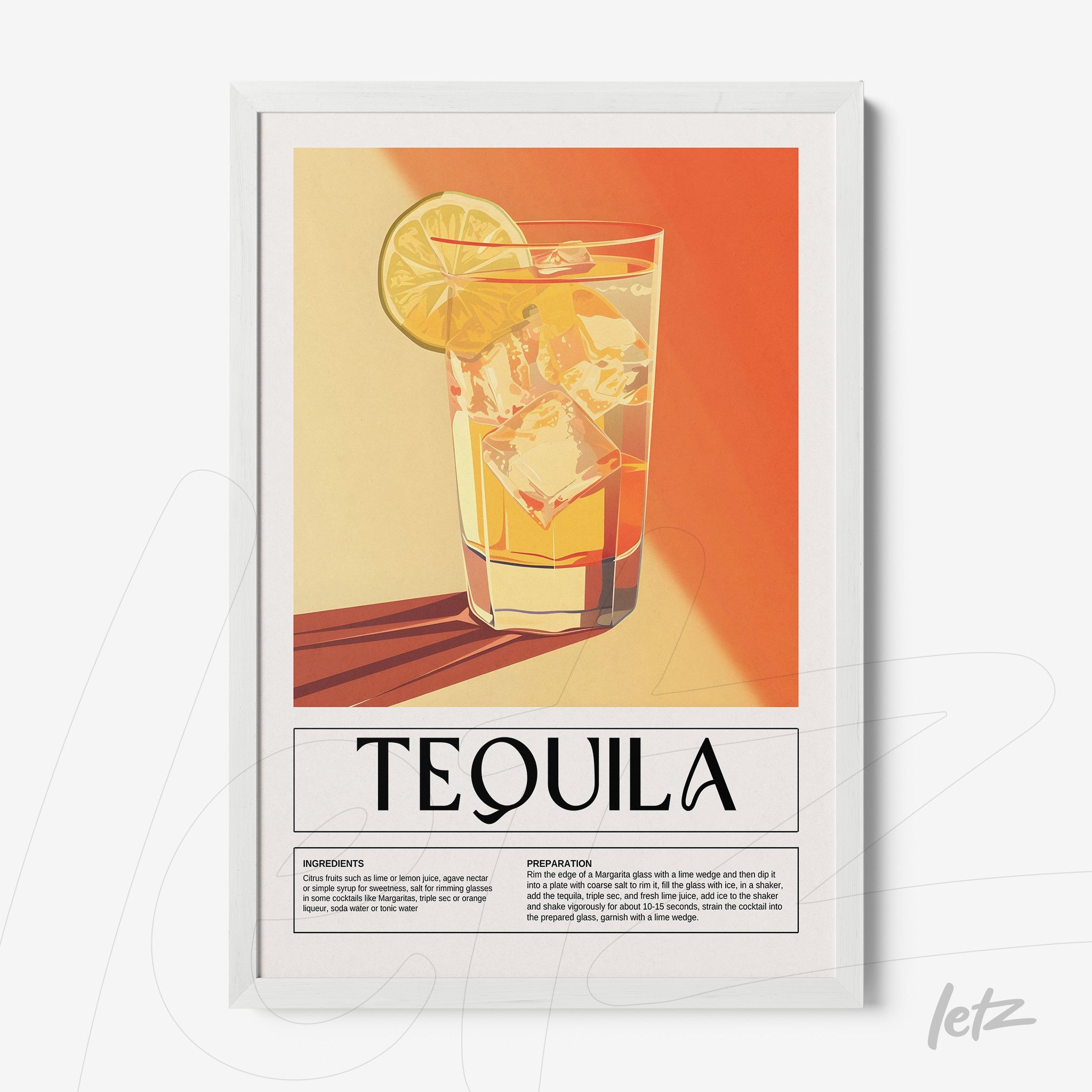 quadro com arte retrô de drink tequila em moldura branca com fundo laranja