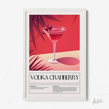 quadro com arte do drink vodka cranberry em moldura branca com fundo vermelho vibrante e detalhes tropicais