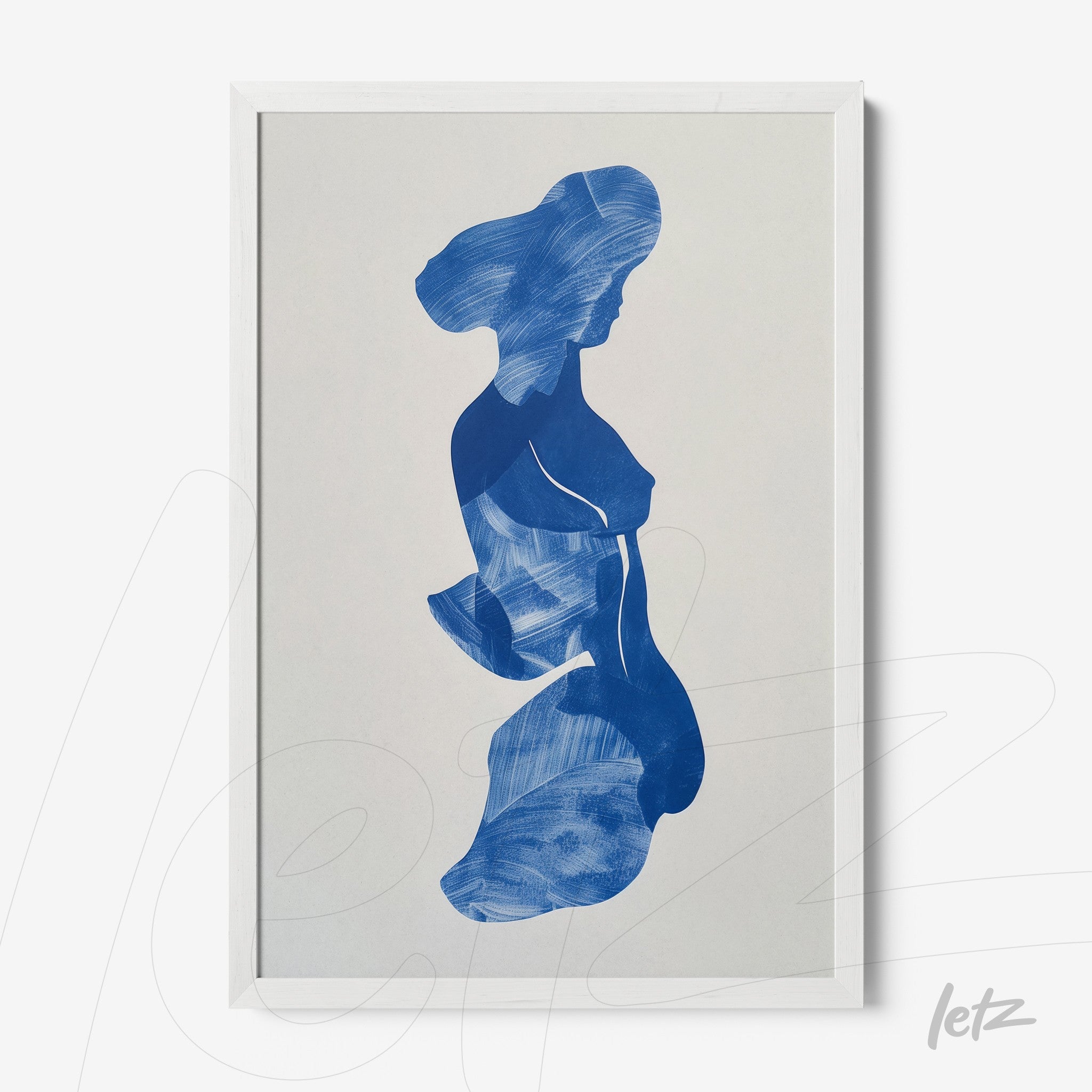 quadro com arte abstrata em azul representando a silhueta de uma mulher em moldura branca