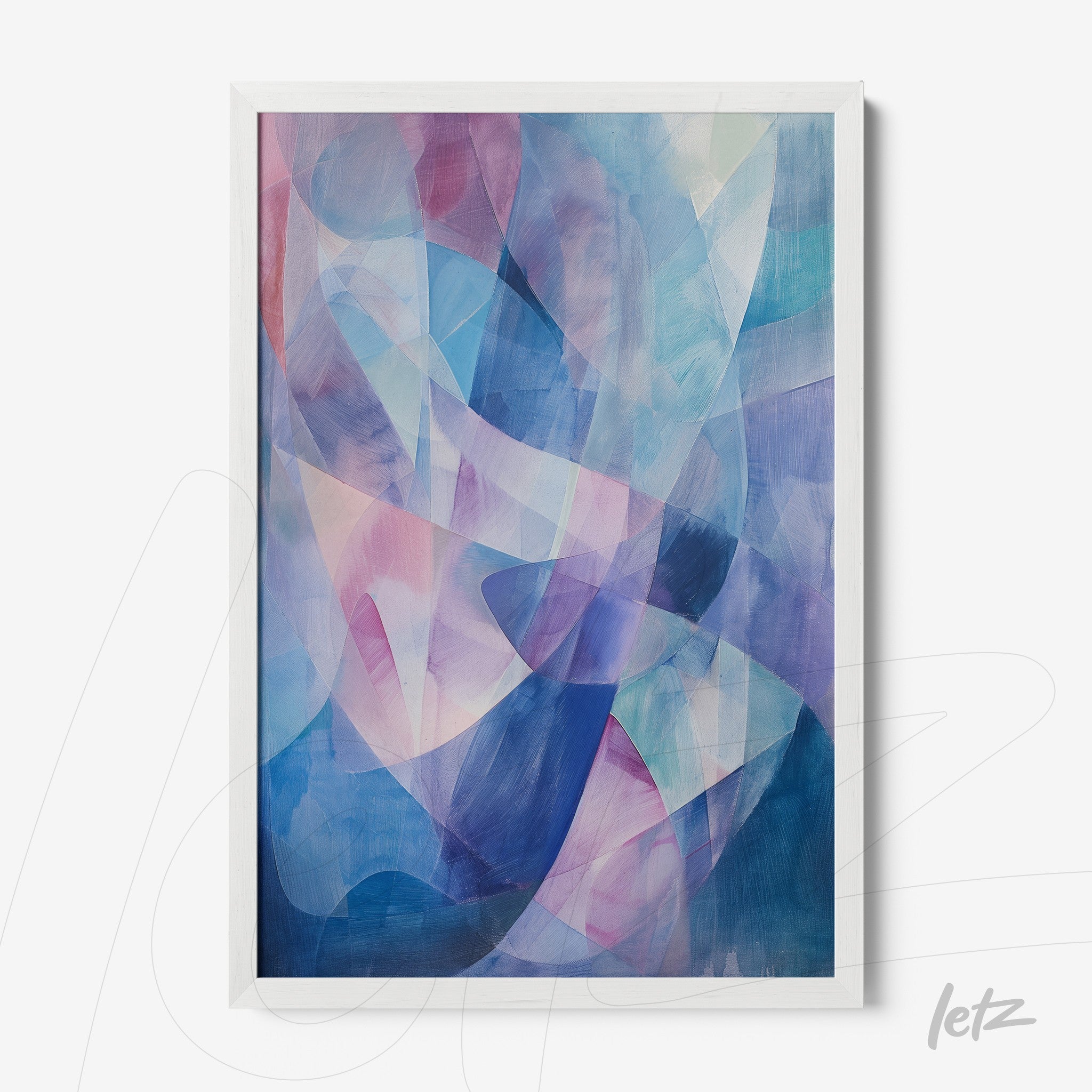 quadro com arte abstrata em tons de azul e rosa em moldura branca