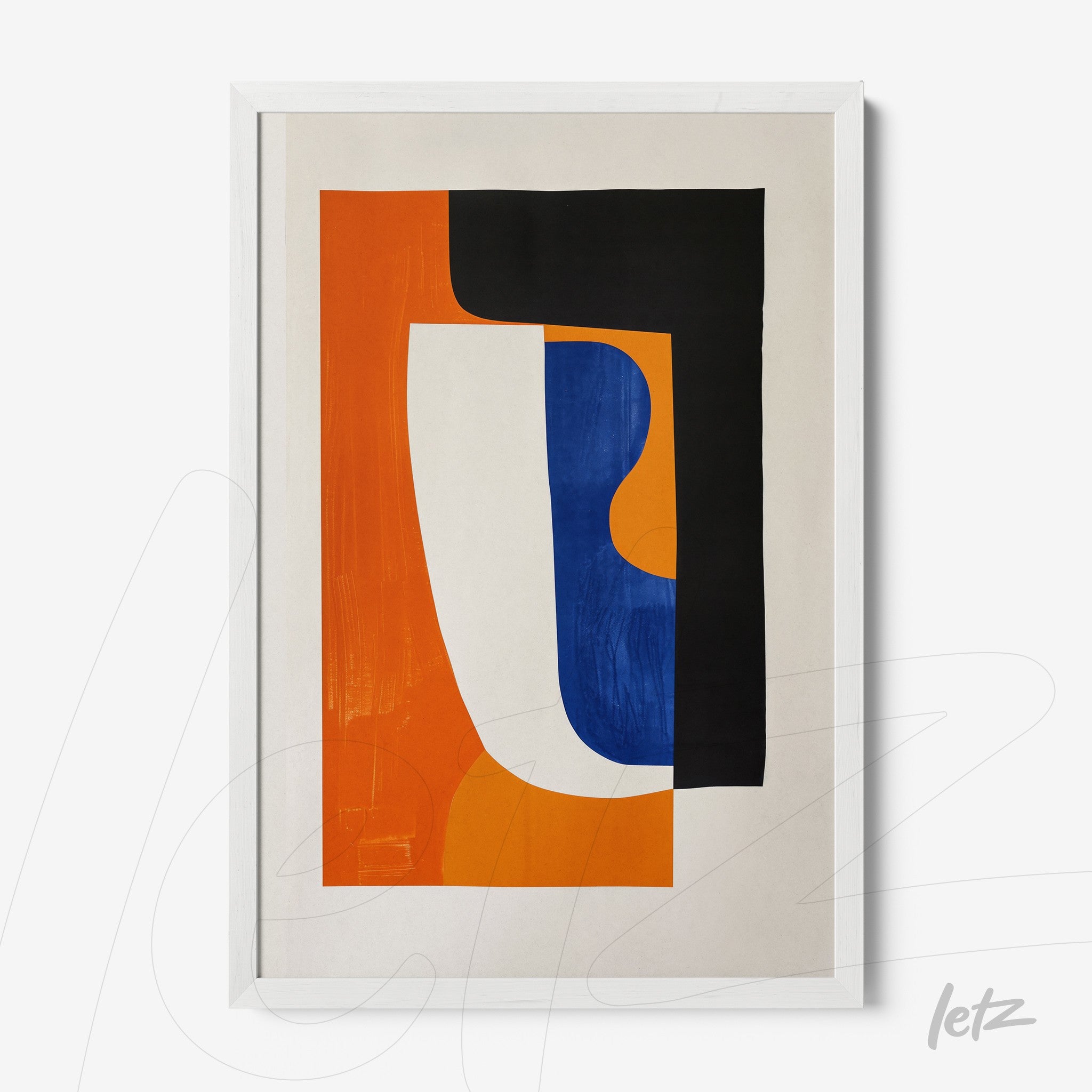 quadro abstrato com formas geométricas em azul, laranja e preto com moldura branca