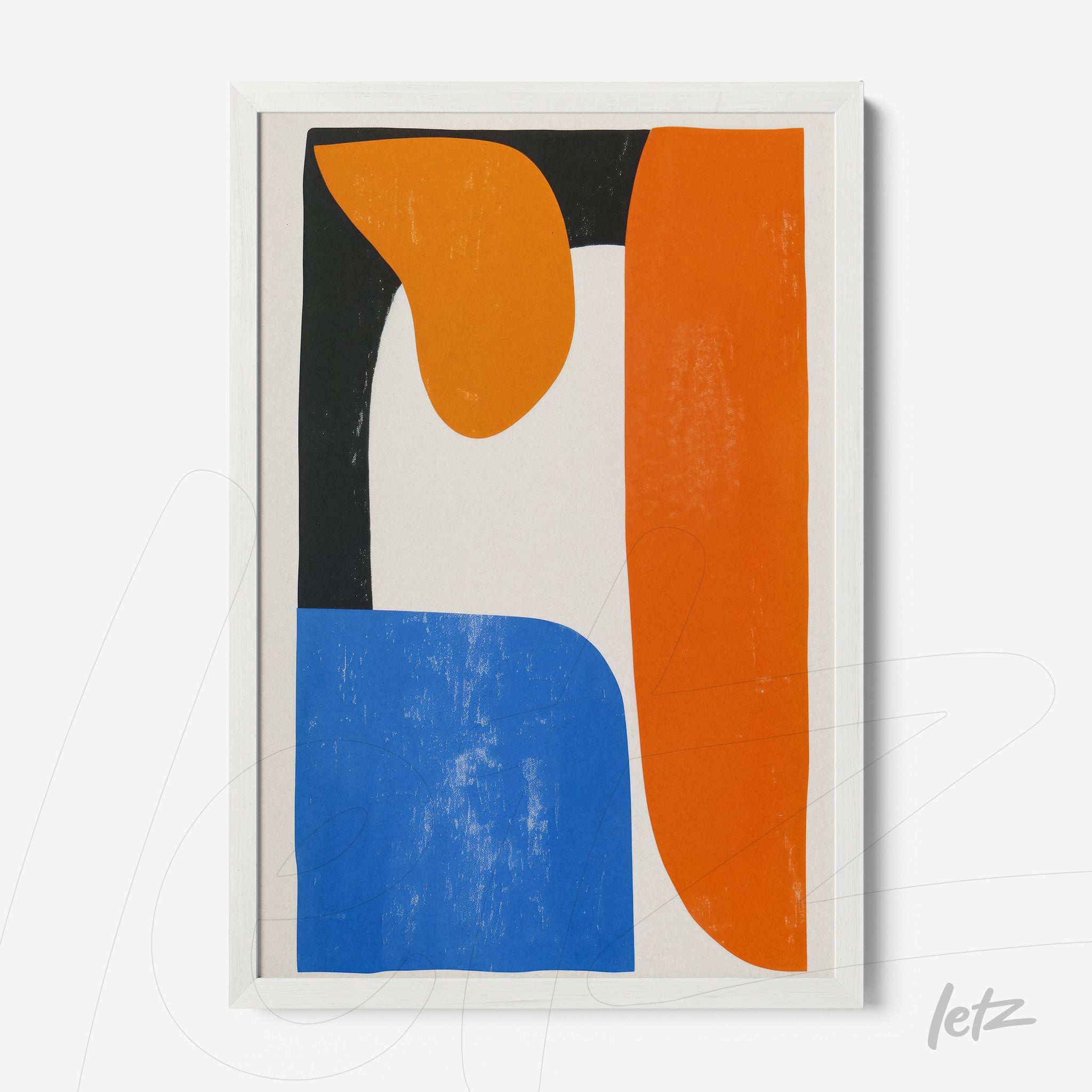 quadro com arte abstrata em cores vibrantes como laranja, azul e preto, com moldura branca