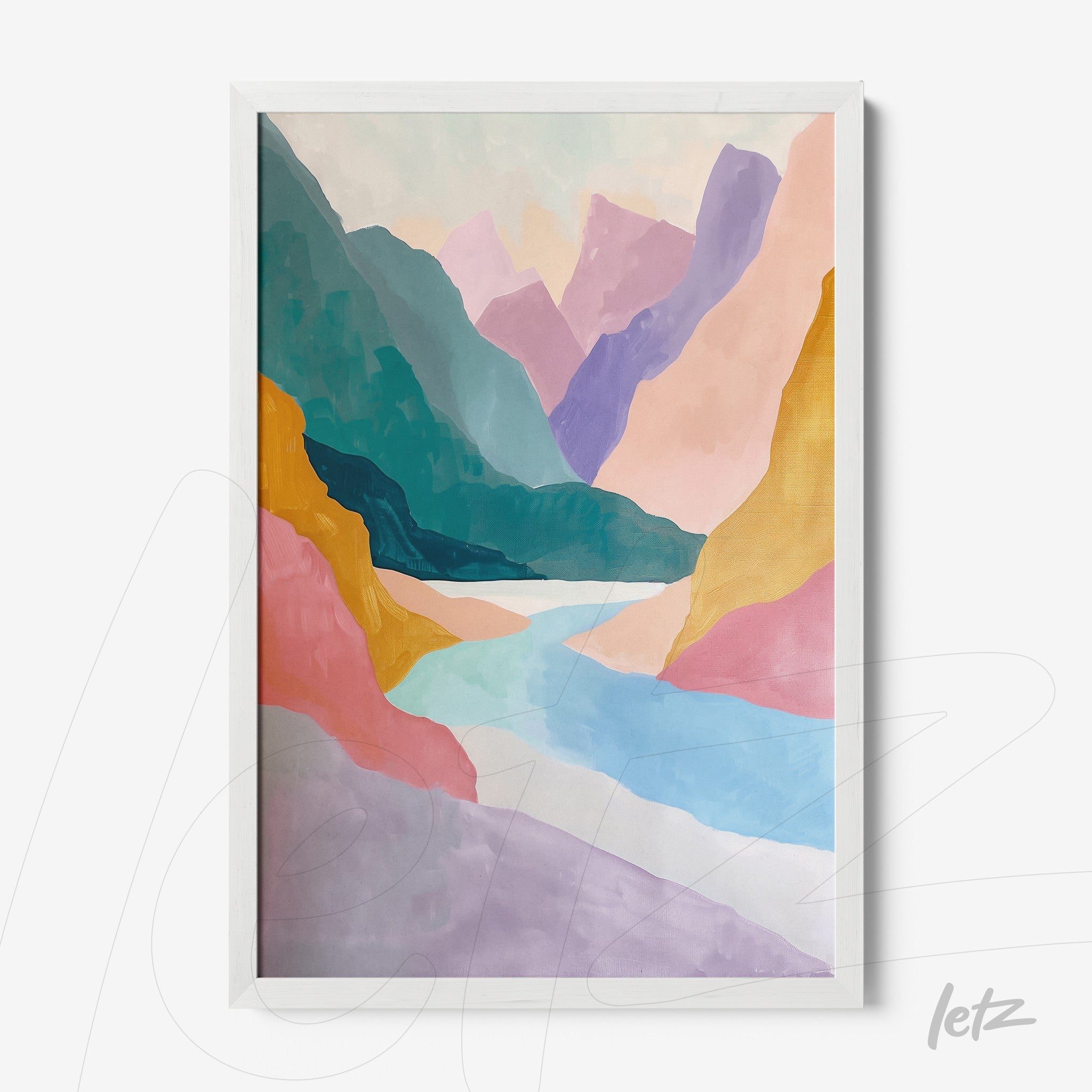 quadro com ilustração abstrata de paisagem montanhosa em cores pastel e moldura branca