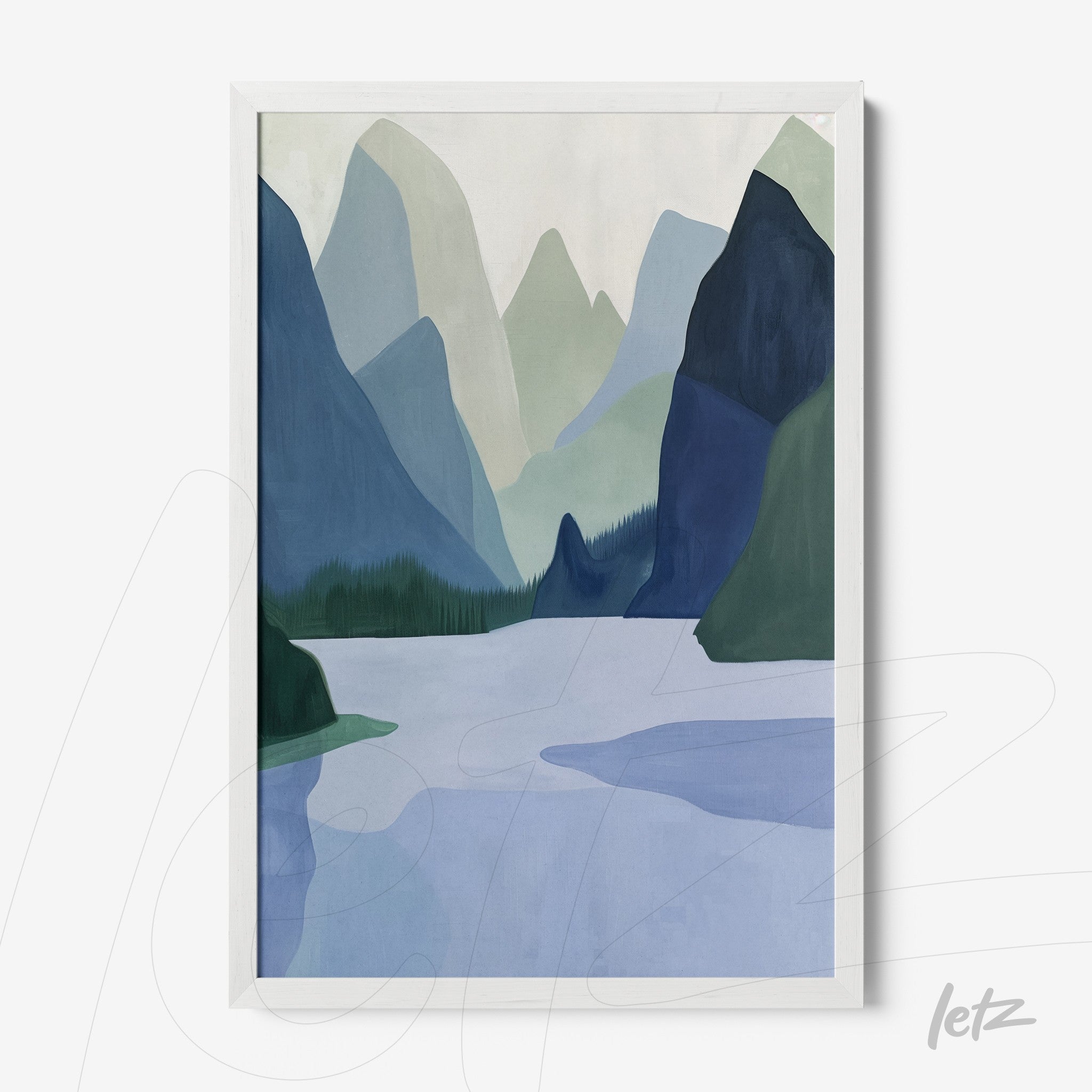 quadro com arte abstrata de paisagem montanhosa em moldura branca