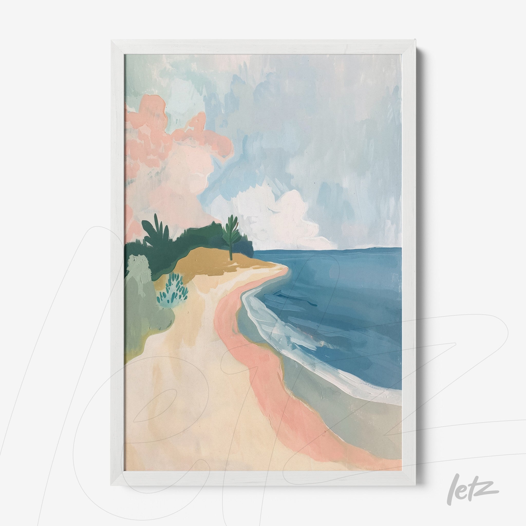 quadro com arte abstrata de uma praia tranquila em moldura branca
