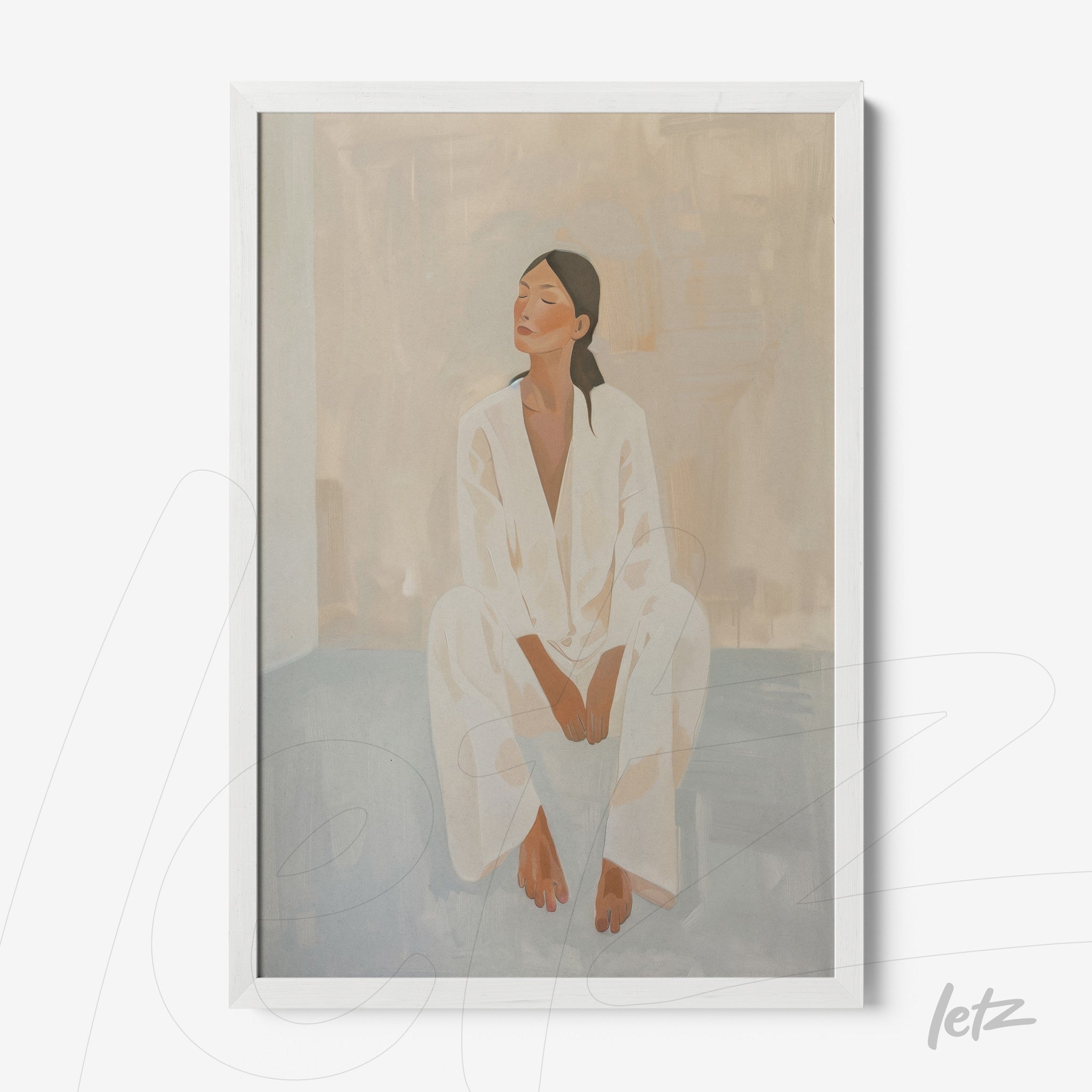 quadro com arte contemporânea de mulher sentada em fundo neutro, moldura branca