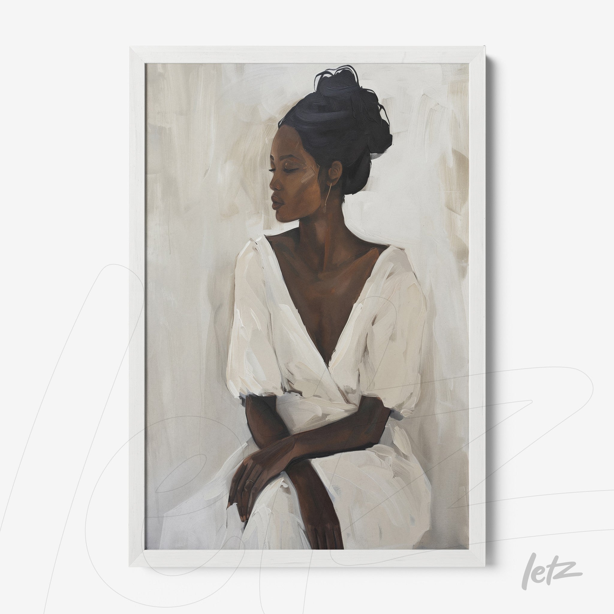 quadro com retrato de mulher negra usando vestido branco e fundo neutro em moldura branca