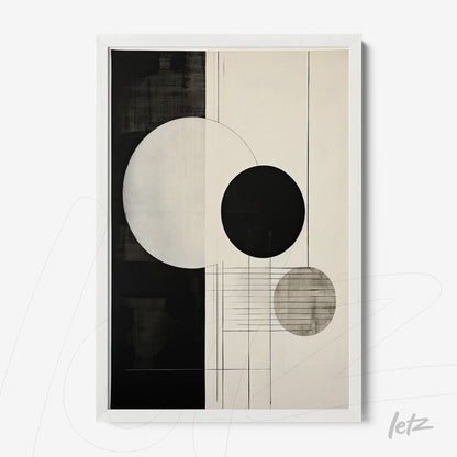 quadro com arte abstrata em tons de preto e branco, destacando círculos e linhas verticais em fundo claro, em moldura branca