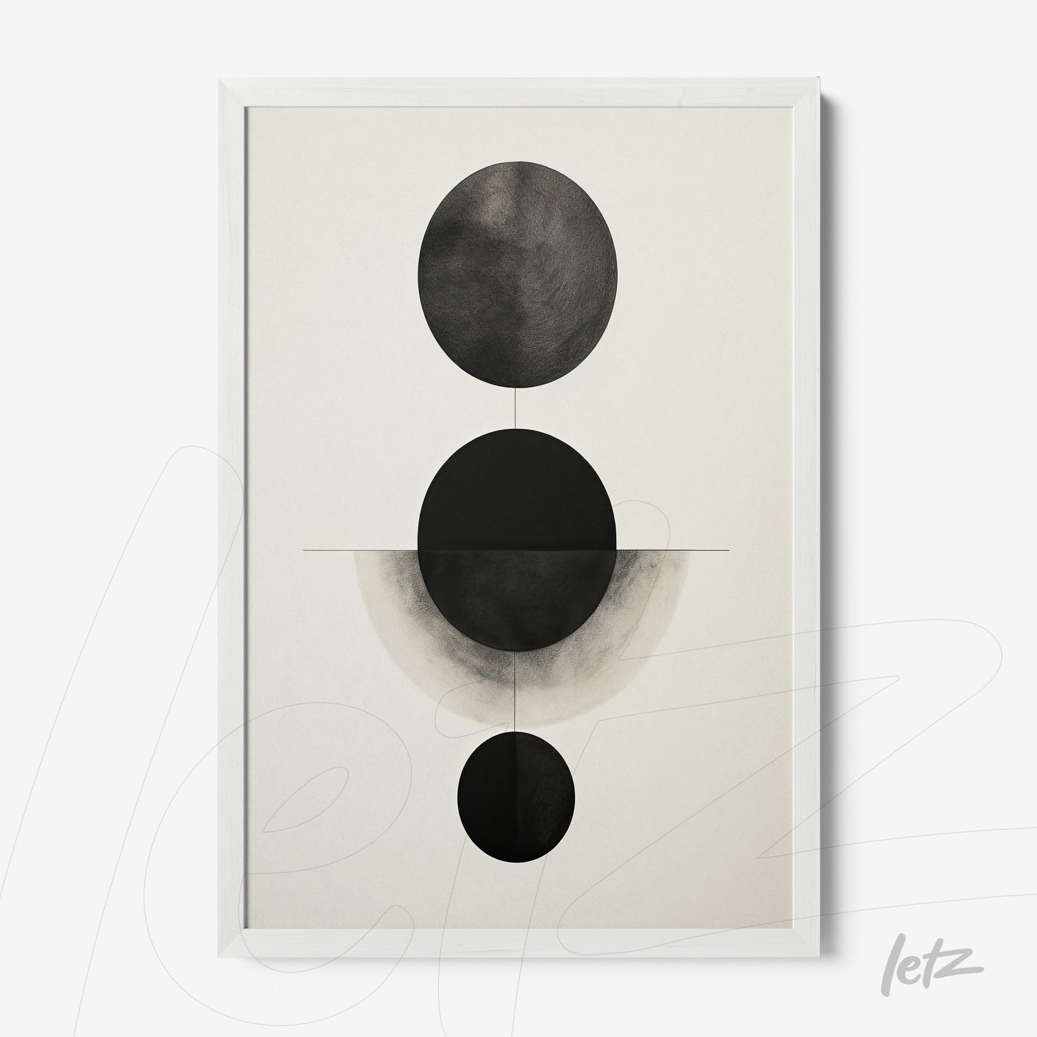 quadro com arte abstrata em preto e branco, destacando formas circulares sobre fundo claro em moldura branca