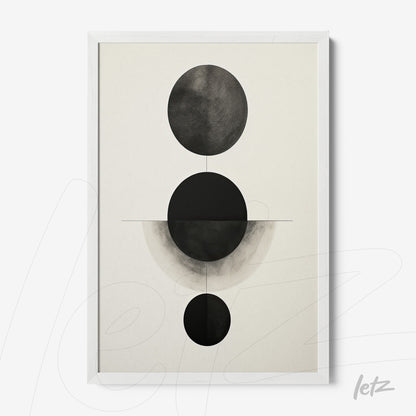 quadro com arte abstrata em preto e branco, destacando formas circulares sobre fundo claro em moldura branca