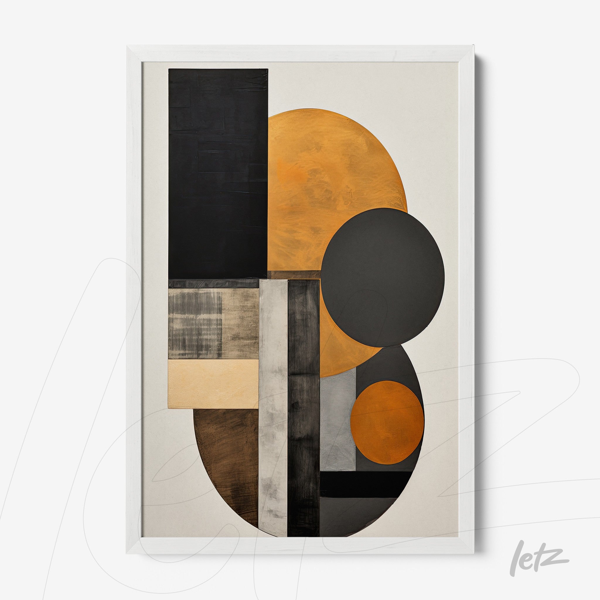 quadro com arte moderna composta por formas geométricas em preto, laranja e cinza em moldura branca