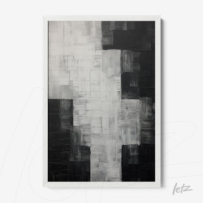 quadro abstrato em preto e branco com texturas em relevos em moldura branca
