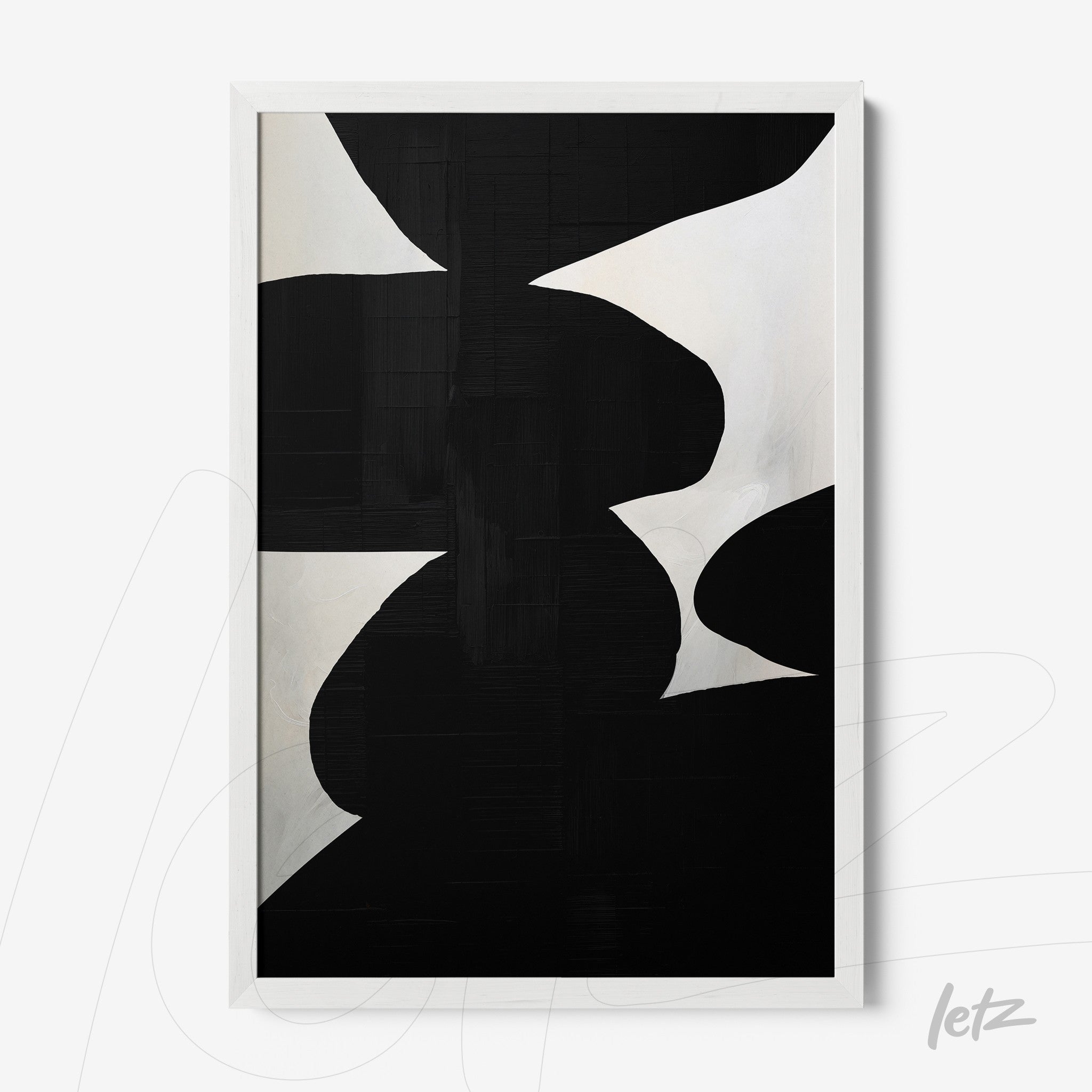 quadro abstrato em preto e branco com formas orgânicas em moldura branca