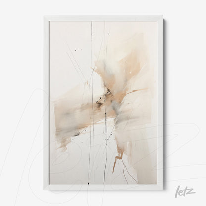 quadro com arte abstrata em tons neutros, moldura branca, fundo claro com traços suaves