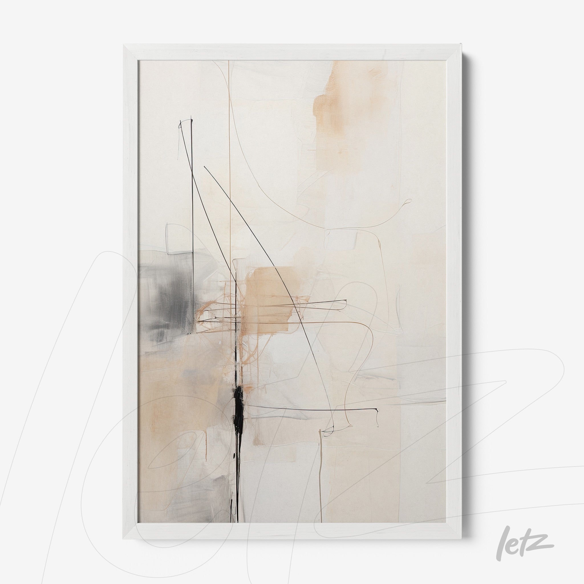 quadro com arte abstrata em tons neutros e linhas delicadas em moldura branca