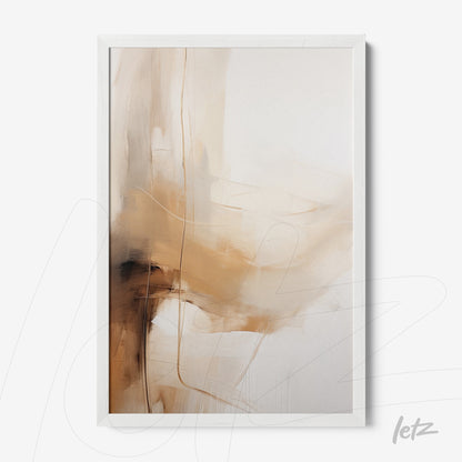 quadro abstrato com texturas suaves em tons de bege e marrom em moldura branca