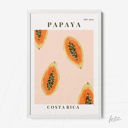 quadro com ilustração de fatias de papaia sobre fundo rosa, com moldura branca e texto 'PAPAYA' acima e 'COSTA RICA' abaixo