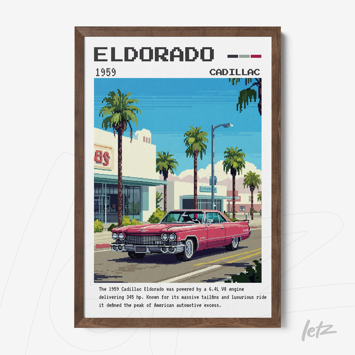quadro com arte pixelada de um Cadillac Eldorado de 1959 em uma rua com palmeiras