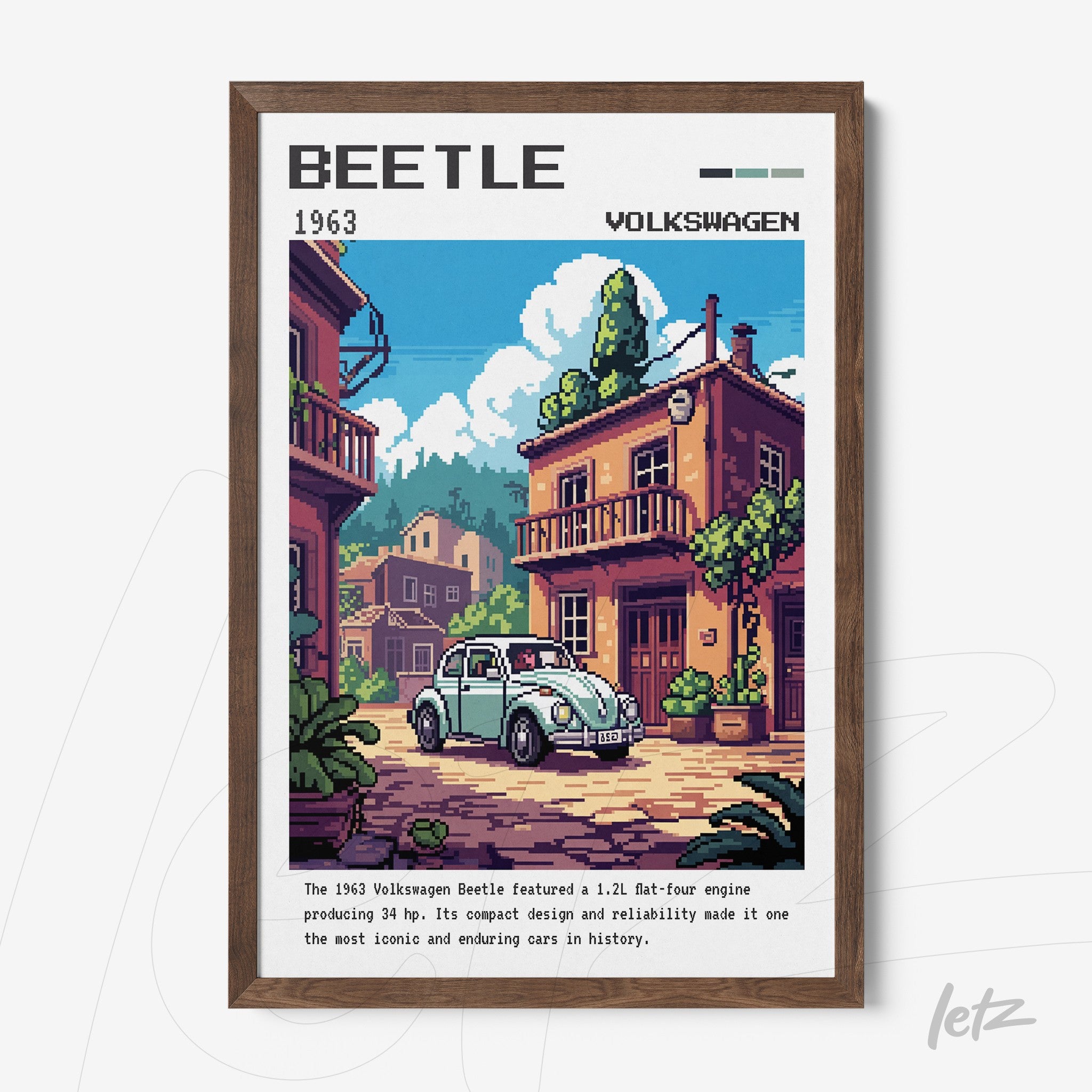 quadro com arte retrô do carro Volkswagen Beetle de 1963 em moldura de madeira escura