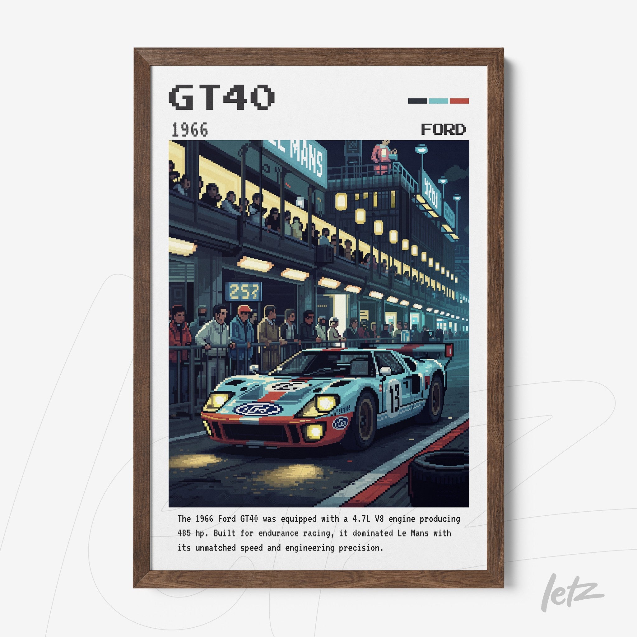 quadro com arte pixelada do carro Ford GT40 em ambiente de corrida noturna com público e iluminação de pista, moldura de madeira clara