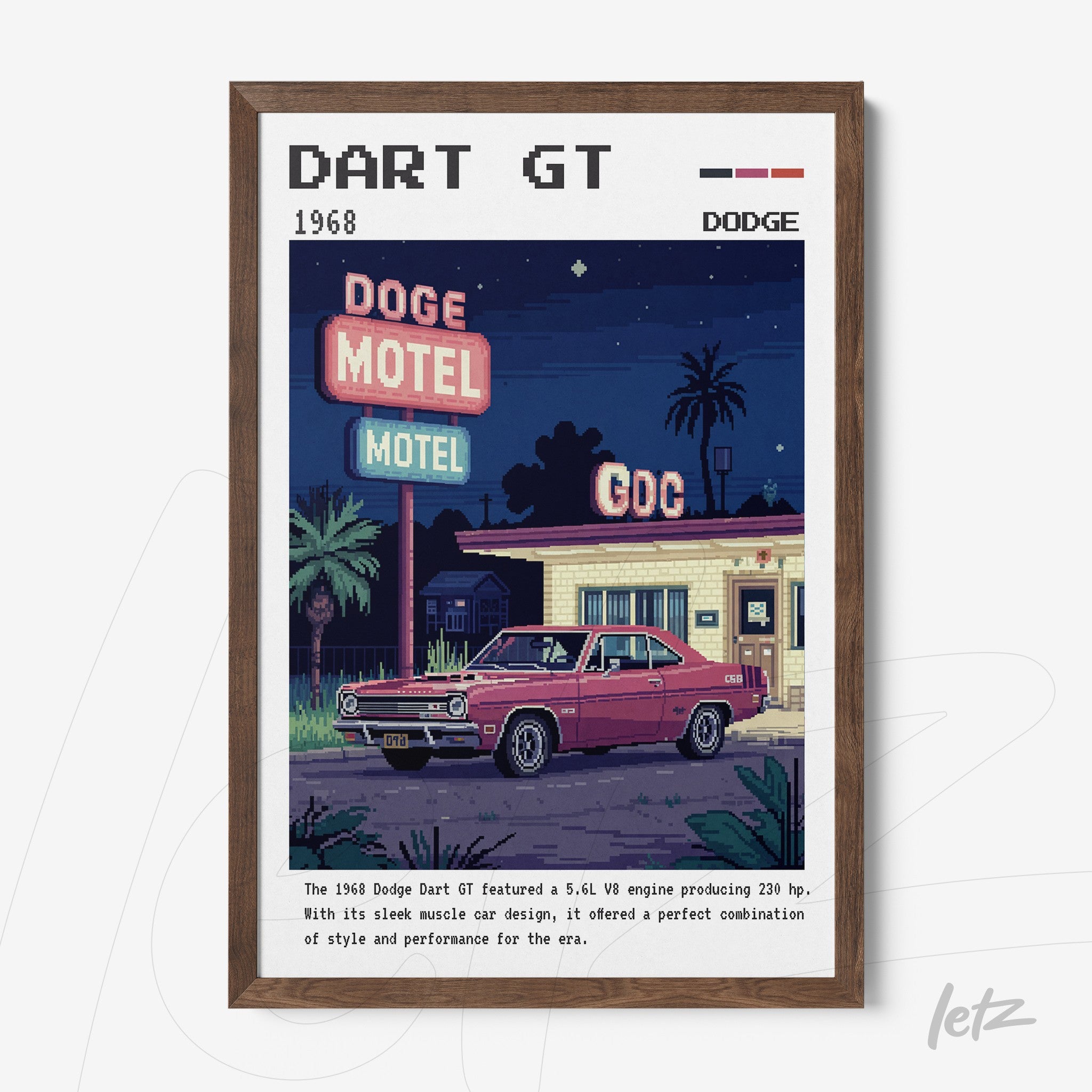 quadro com arte pixelada do carro Dodge Dart GT em frente ao motel, moldura de madeira escura