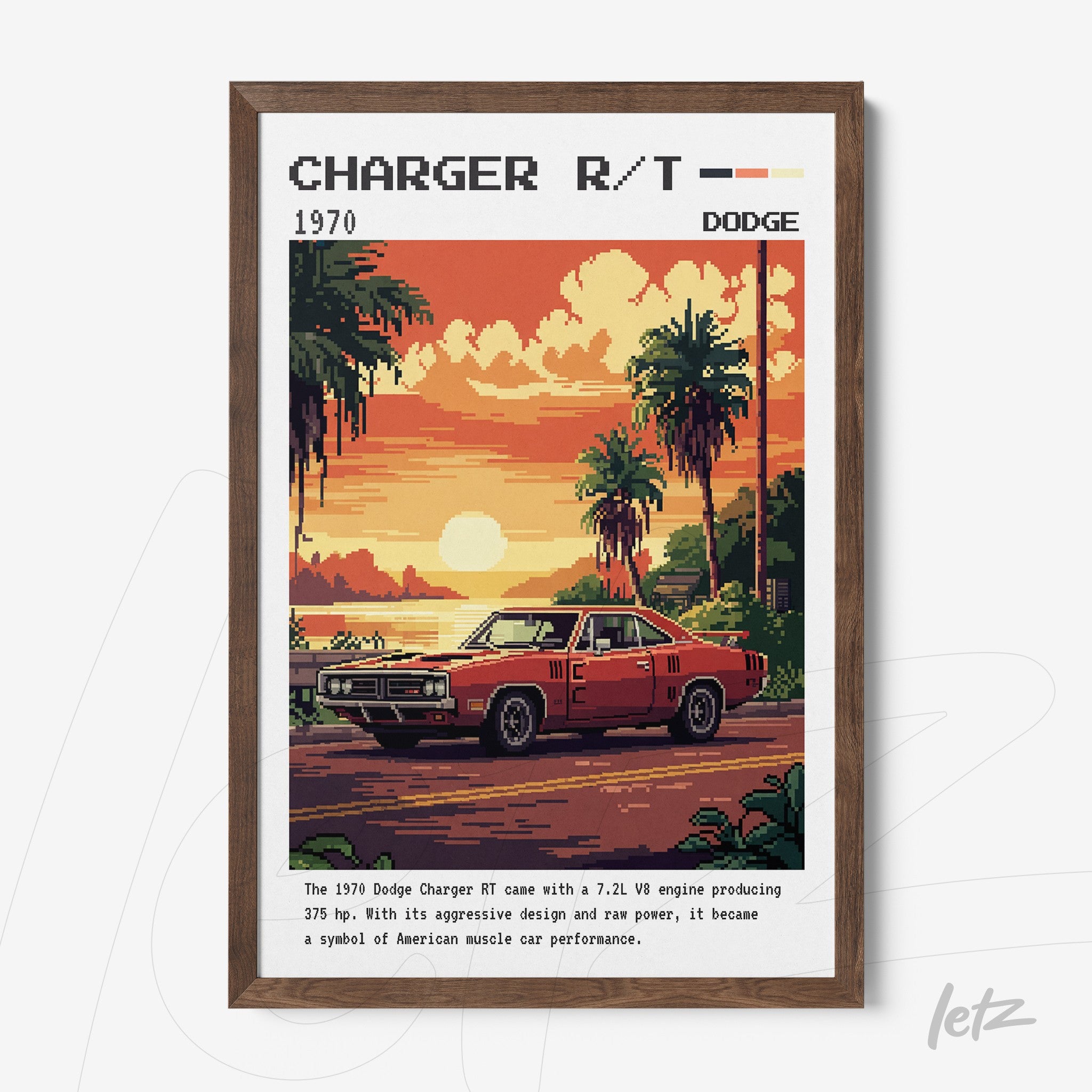 quadro com arte pixelada do carro Dodge Charger R/T de 1970 em moldura de madeira escura