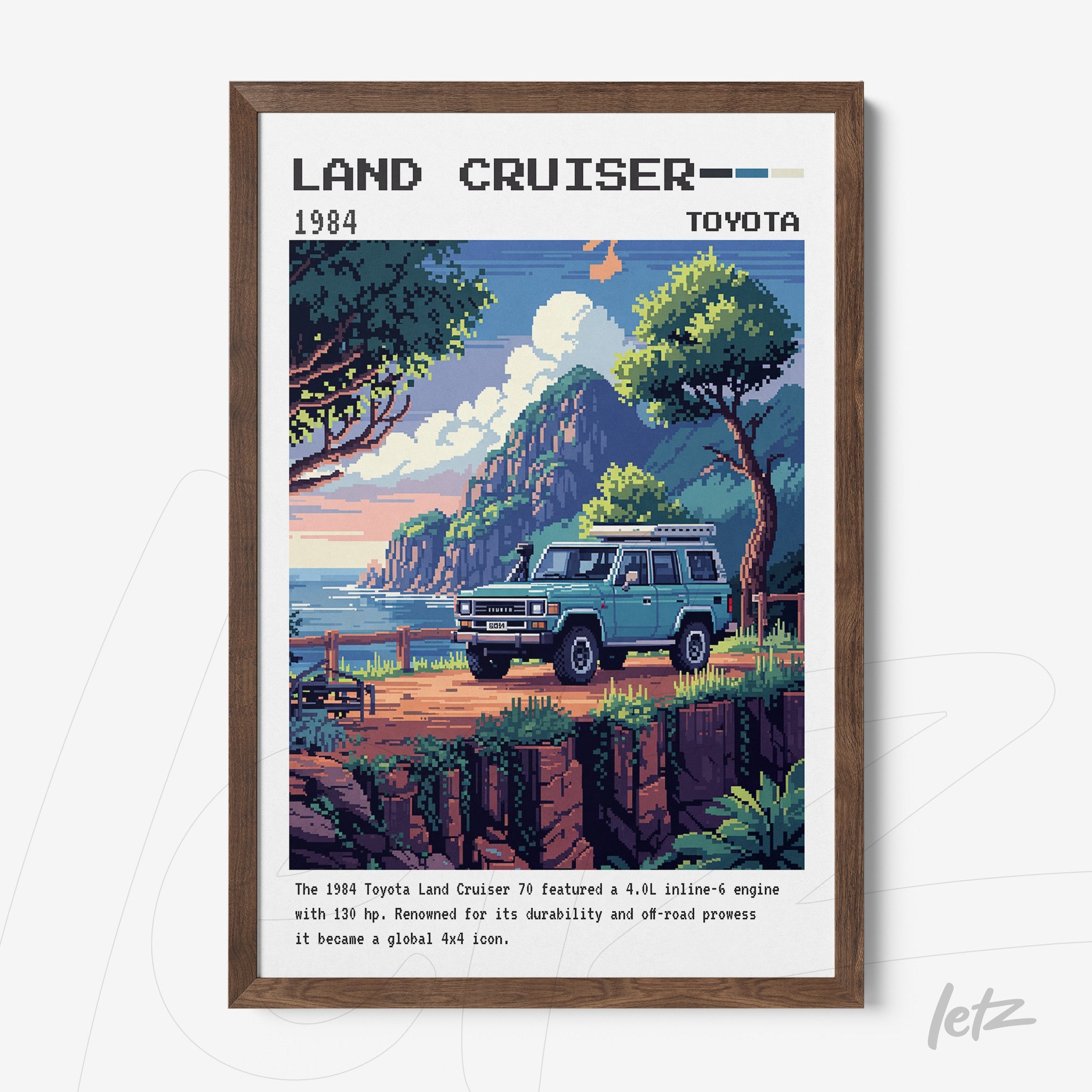 quadro emoldurado com arte pixelada do Toyota Land Cruiser 1984 em cenário montanhoso