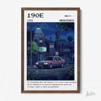 quadro com arte pixelada de um carro Mercedes-Benz 190E em uma rua noturna decorado com moldura de madeira escura