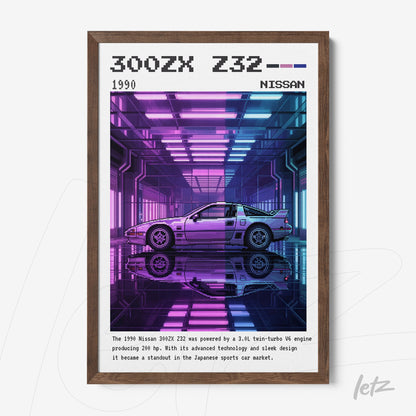 quadro com arte no estilo 8 bits do carro Nissan 300ZX Z32 em moldura de madeira escura