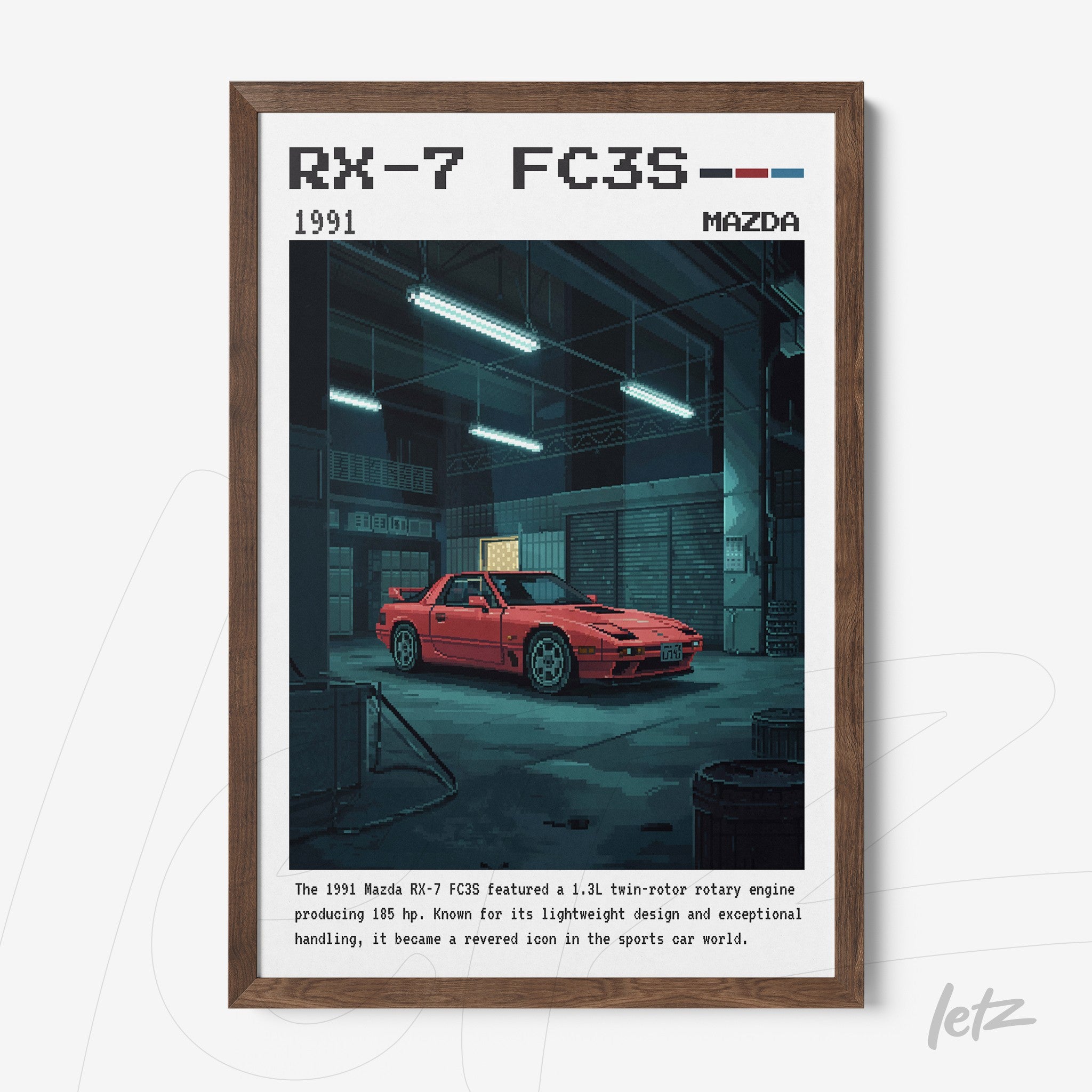 quadro com arte digital de um carro Mazda RX-7 FC3S vermelho em ambiente de oficina, moldura madeira escura