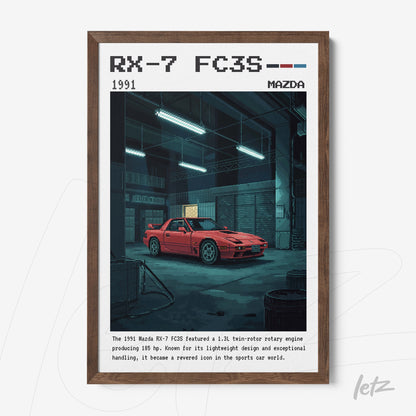 quadro com arte digital de um carro Mazda RX-7 FC3S vermelho em ambiente de oficina, moldura madeira escura