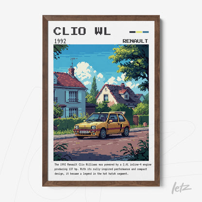 quadro com arte pixelada de um carro Renault Clio Williams amarelo estacionado em uma rua residencial com casas brancas ao fundo, moldura de madeira escura