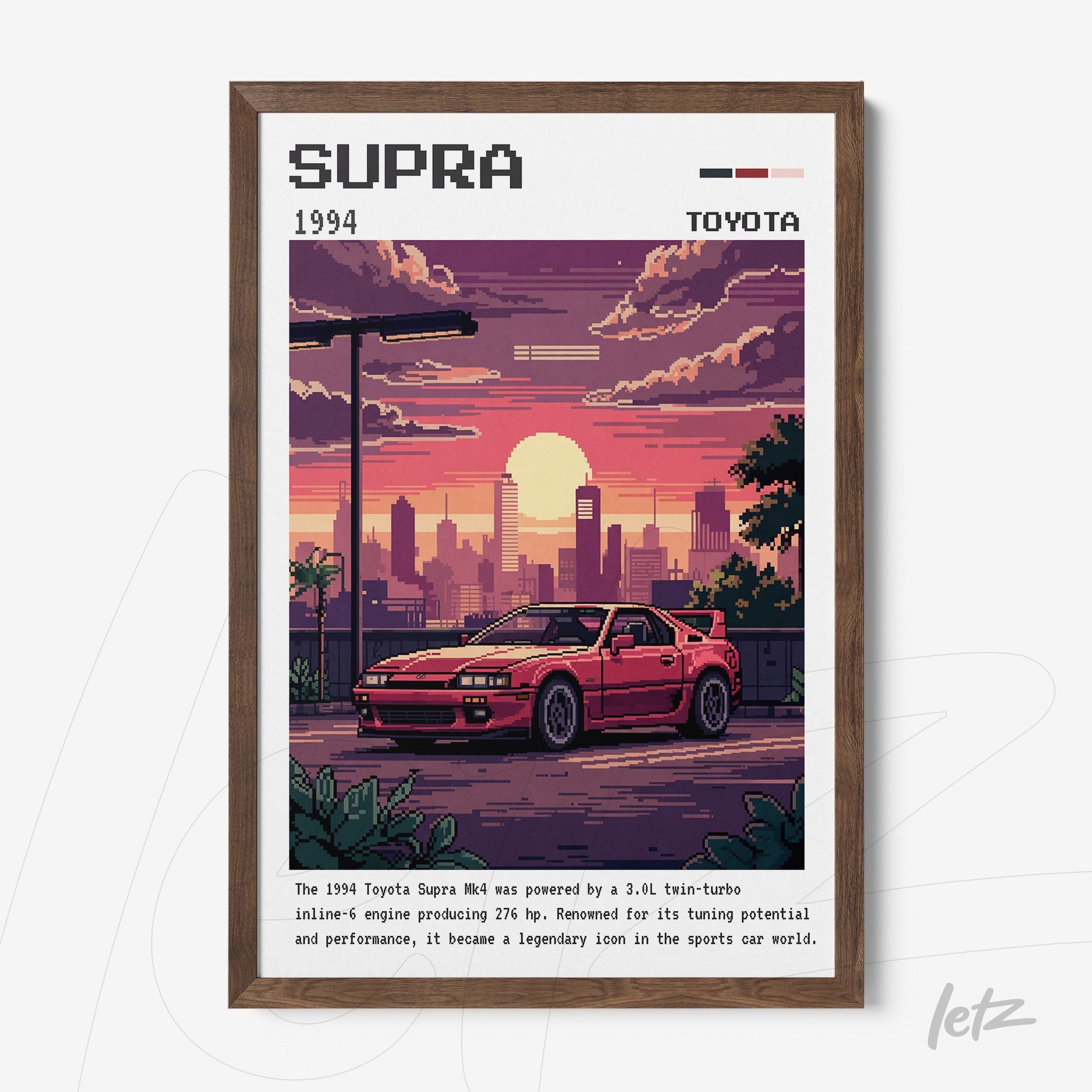 quadro com arte em pixel art de um carro Toyota Supra a céu aberto com pôr do sol ao fundo em moldura marrom