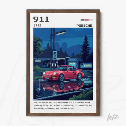 quadro com arte digital de um Porsche 911 vermelho refletindo em uma poça d'água à noite, moldura de madeira escura