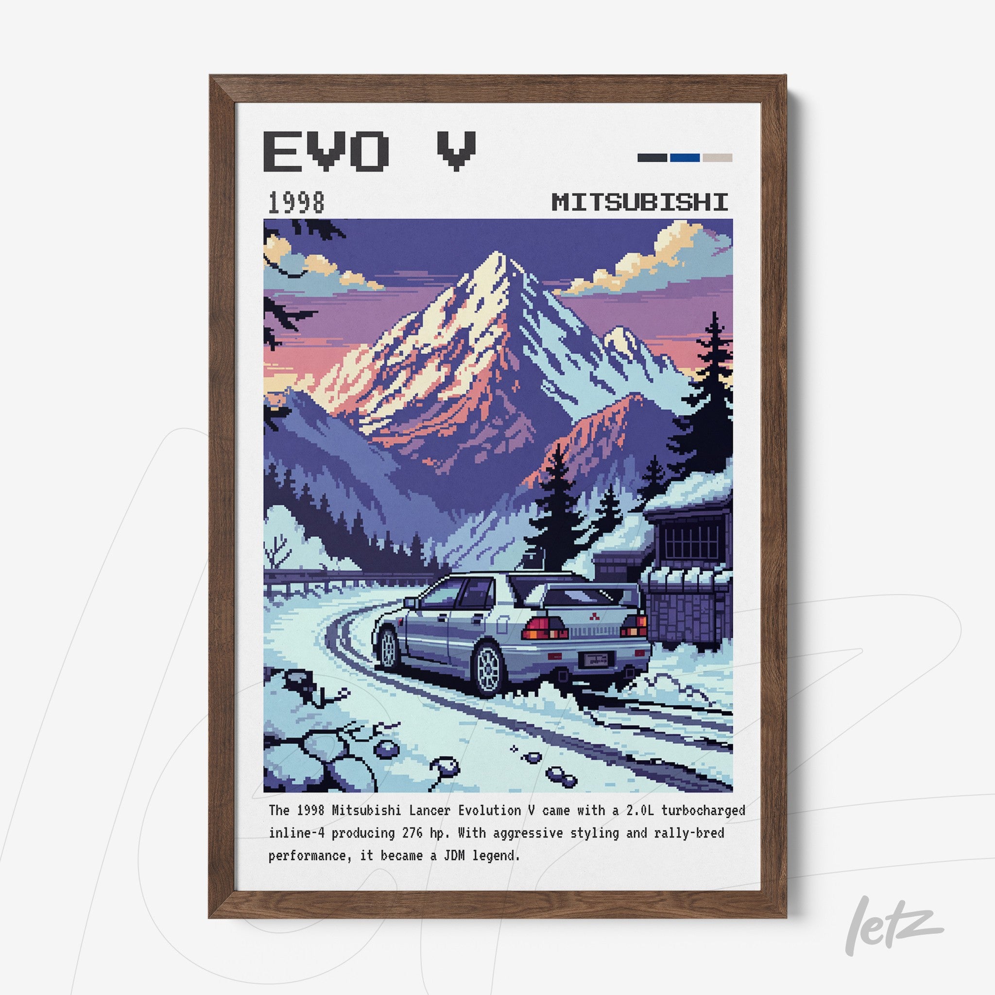 quadro com arte pixelada do Mitsubishi Lancer Evolution V em uma estrada nevada com montanhas ao fundo, moldura de madeira escura