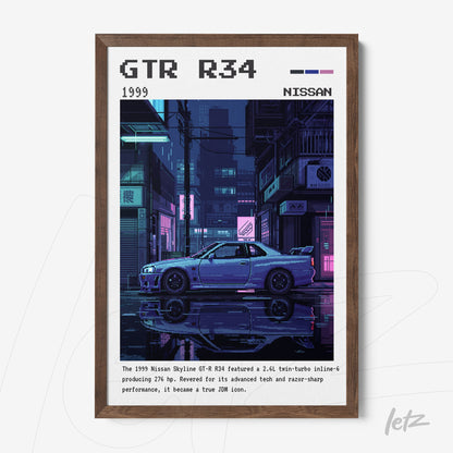 quadro com arte digital do carro Nissan GTR R34 em estilo pixel art, moldura marrom clara e fundo urbano neon
