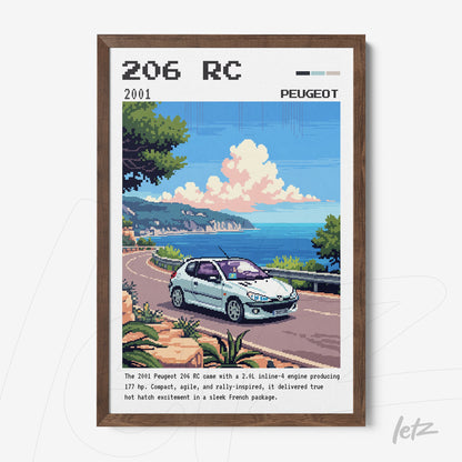 quadro com arte pixelada de um carro Peugeot 206 RC em uma estrada costeira