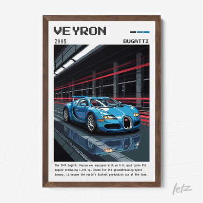 quadro com ilustração pixelada de um Bugatti Veyron azul em fundo moderno com detalhes em movimento