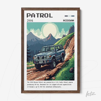 quadro com arte pixelada de um carro Nissan Patrol 2006 em uma trilha montanhosa com moldura de madeira escura