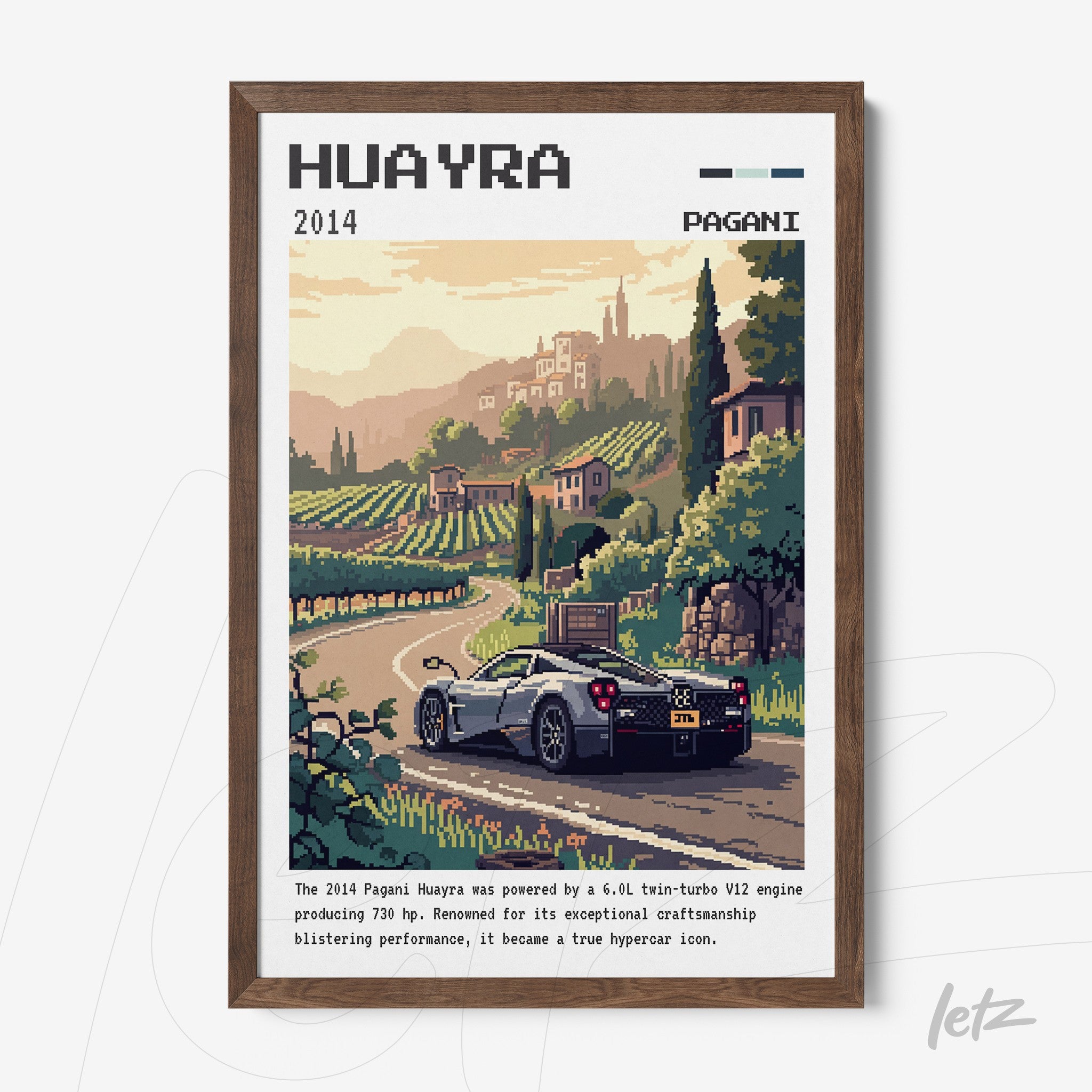 quadro com arte pixelada do carro Pagani Huayra em meio a vinhedos, moldura de madeira escura