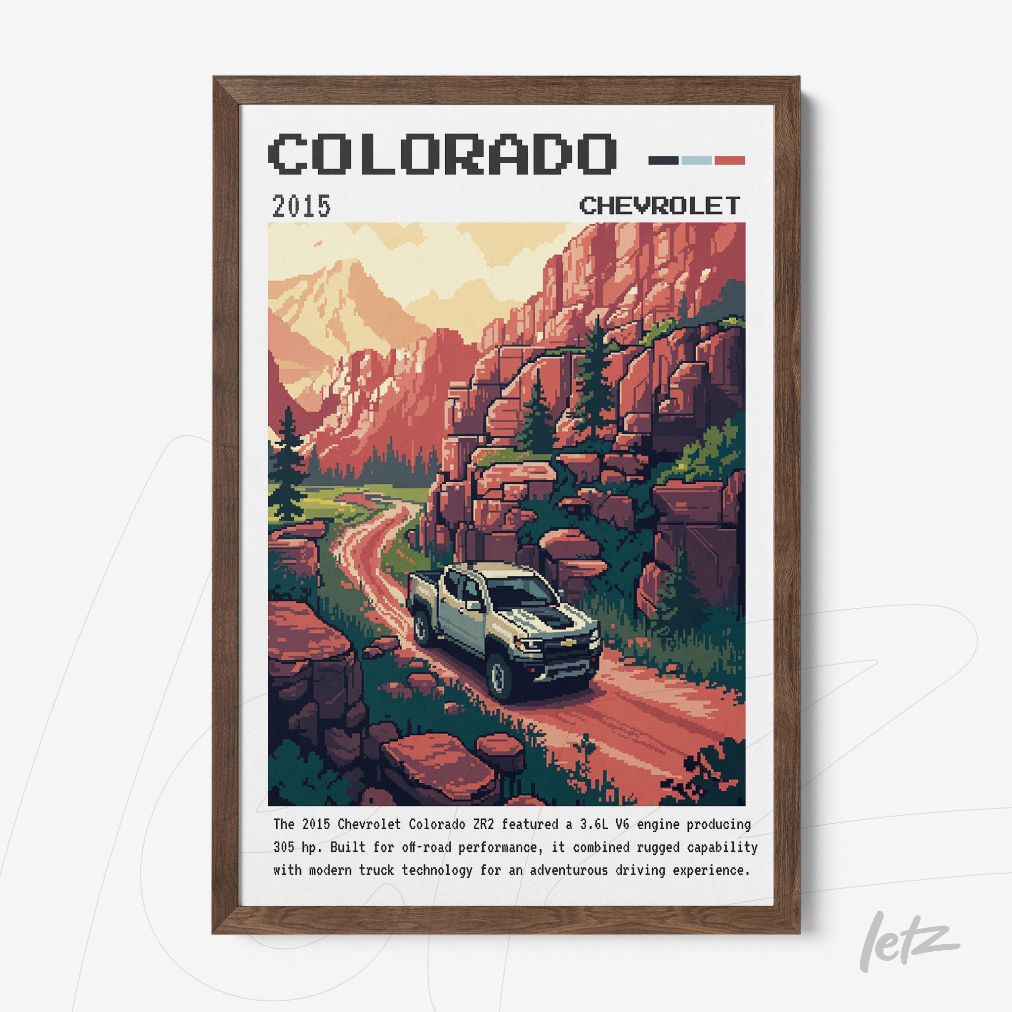 quadro com arte retrô de caminhonete Chevrolet Colorado em paisagem montanhesa com moldura de madeira escura