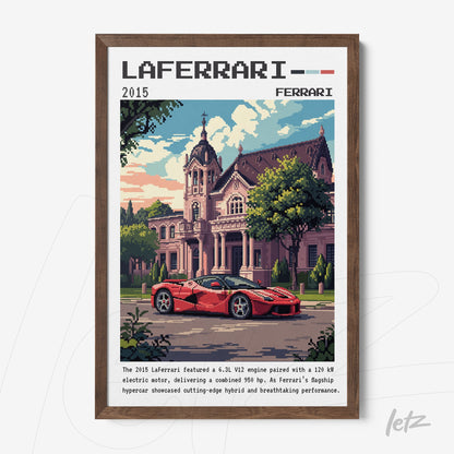 quadro com arte pixelada de carro LaFerrari em frente a uma mansão, moldura marrom escura