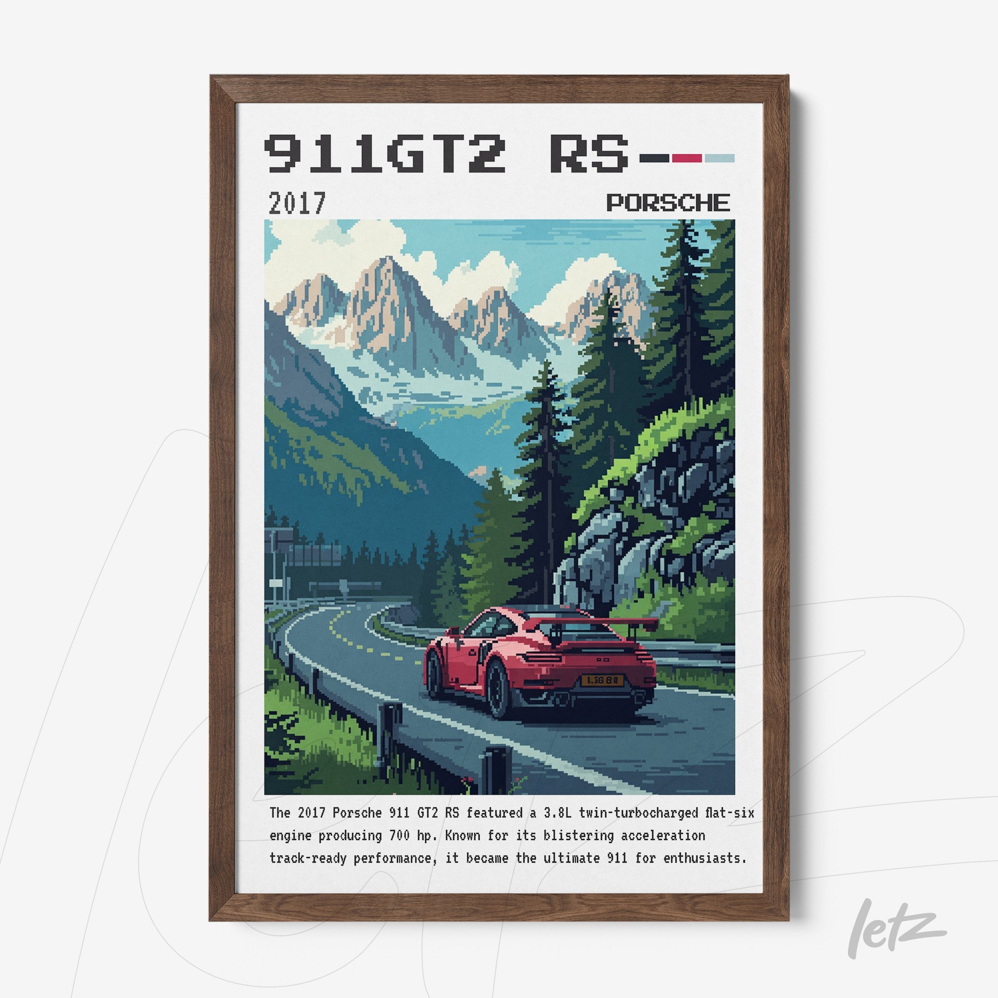 quadro com arte digital de um Porsche 911 GT2 RS vermelho em estrada montanhosa, cercado por árvores e montanhas ao fundo, com moldura de madeira escura