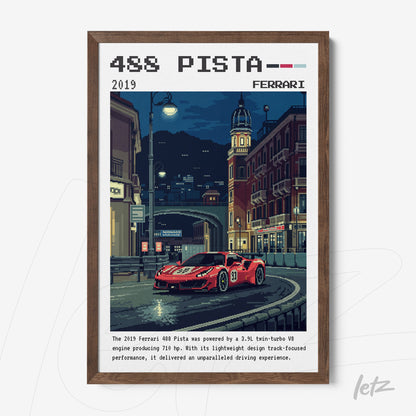 quadro com arte digital de um Ferrari 488 Pista em um ambiente urbano noturno, com uma moldura de madeira escura e fundo que destaca iluminação já reduzida da cidade