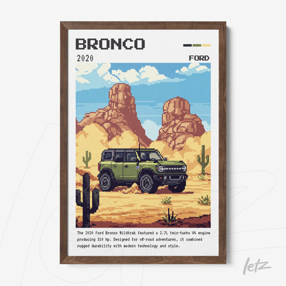 quadro com arte pixelada do Ford Bronco 2020 em um cenário desértico com montanhas e cactos