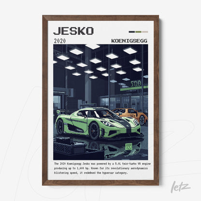 quadro com arte em estilo pixelado de um carro Koenigsegg Jesko, exposto em um ambiente moderno e escuro, com moldura de madeira marrom