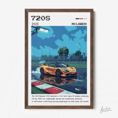 quadro com ilustração do carro esportivo McLaren 720S em pista molhada, moldura de madeira escura
