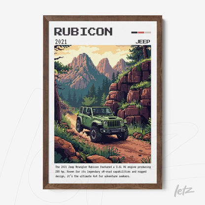 quadro com arte retrô de um Jeep Rubicon 2021 em uma estrada montanhosa com fundo de montanhas e árvores em moldura de madeira escura